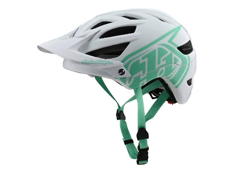 bicycle helmets with noise reduction-Troy Lee Designs A1 MTB Helmet - Drone - White-Aqua - 2020