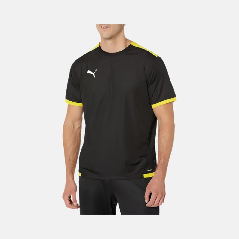 Bicycle riding clothing with snap-on features-Puma Teamliga Striped Jersey Men's T-Shirt -Black/Cyber Yellow